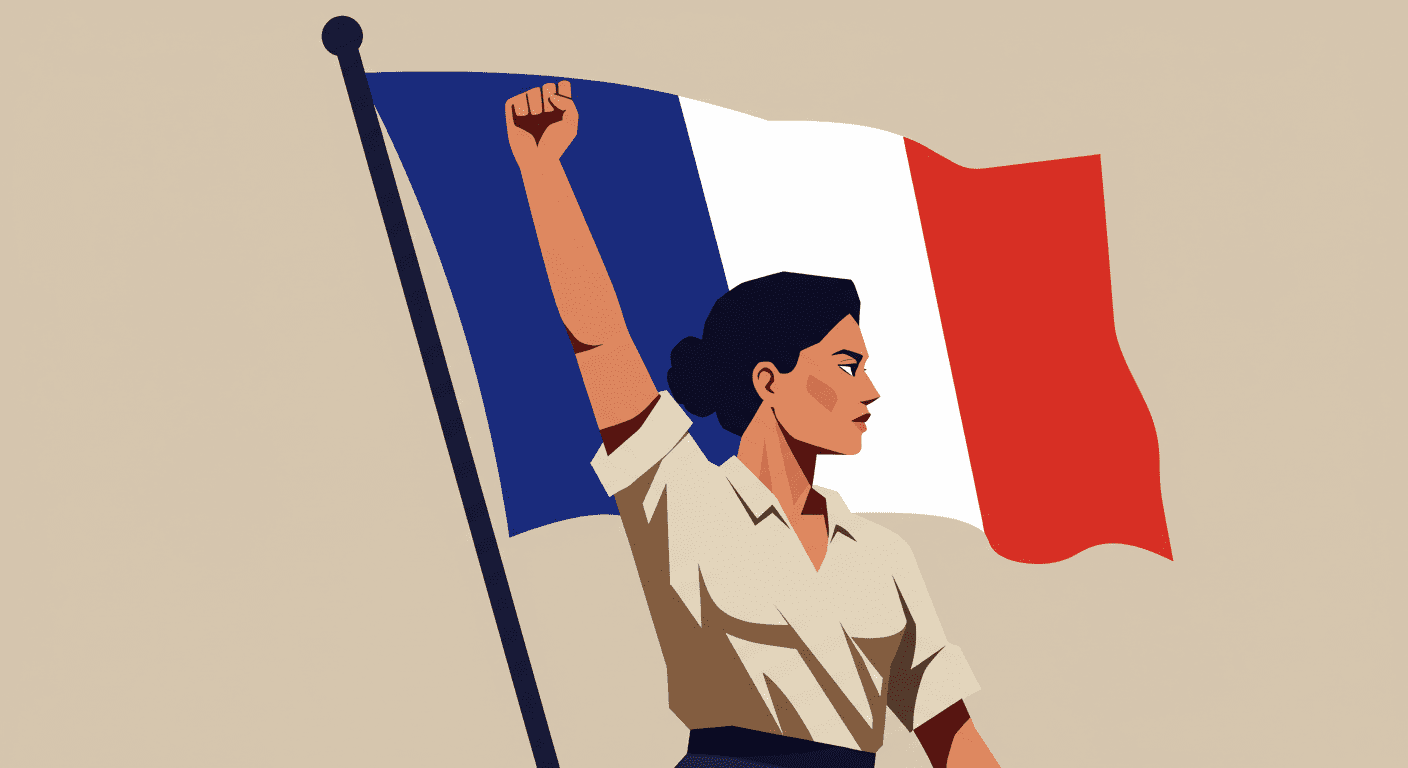 La Revolución Francesa: el levantamiento que cambió el mundo 7 "Ilustración estilizada de una mujer sosteniendo la bandera francesa con el brazo levantado. Diseño moderno y minimalista. Accesible y optimizada SEO."