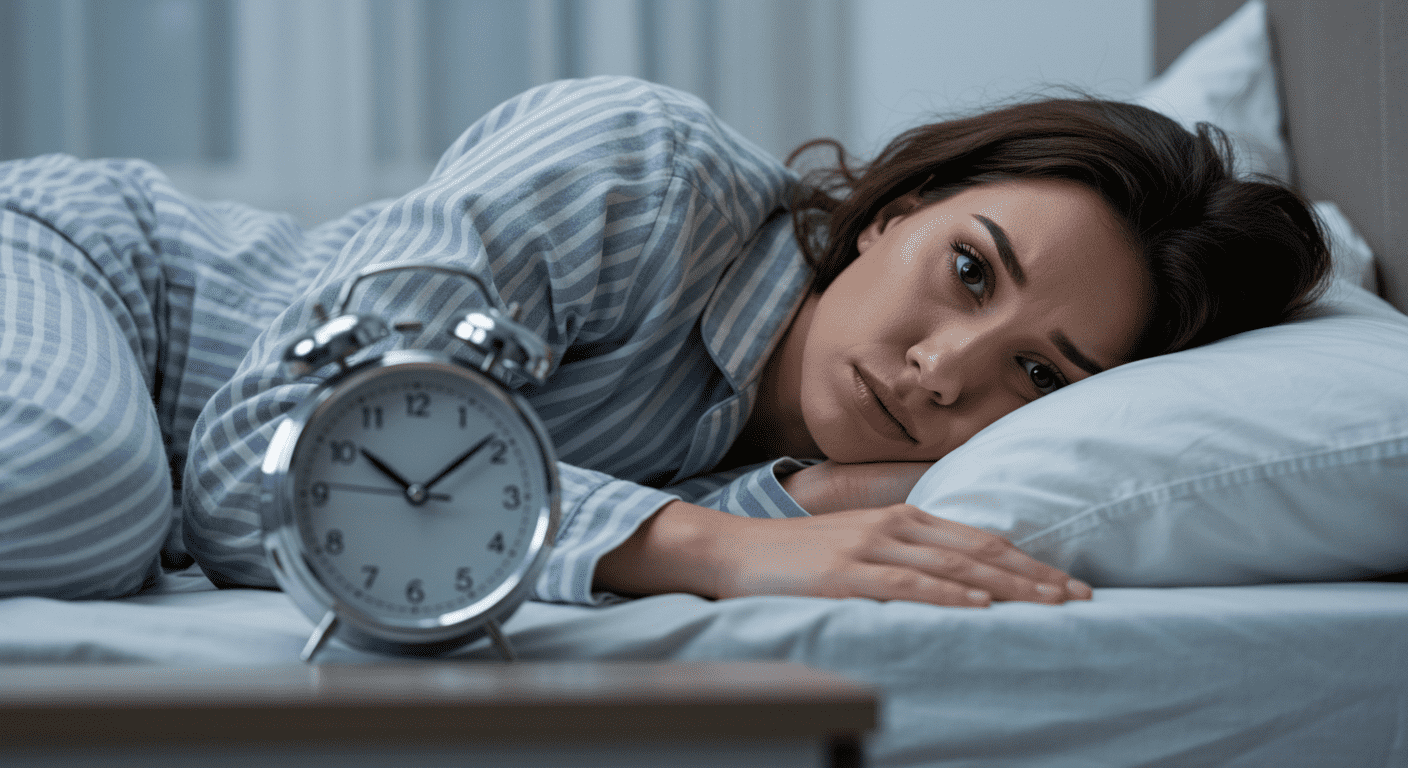 Parálisis del sueño: cuando tu cuerpo duerme pero tu mente despierta 6 Mujer despierta en la cama con cara de preocupación. Insomnio y ansiedad nocturna. Reloj despertador en primer plano.