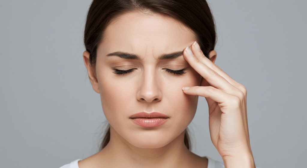 ¿Qué son los tics nerviosos y por qué aparecen? 7 Mujer con dolor de cabeza: Retrato de mujer mostrando expresión de malestar. Migraña, estrés y salud.