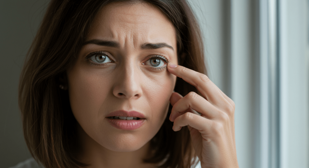 ¿Qué son los tics nerviosos y por qué aparecen? 4 Mujer frotándose el ojo con expresión de dolor: Retrato de mujer experimentando irritación ocular. Alergia, salud y molestia.