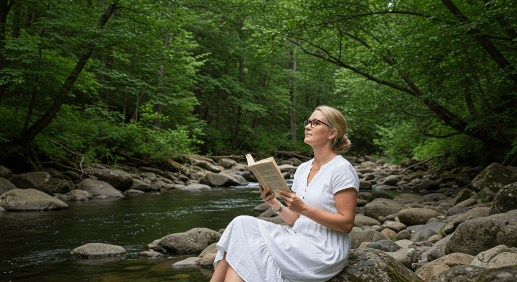 8 beneficios de la lectura que transformarán tu mente y tu vida 5 Mujer leyendo junto a un río: Retrato de mujer relajándose en la naturaleza. Lectura, tranquilidad y aire libre.