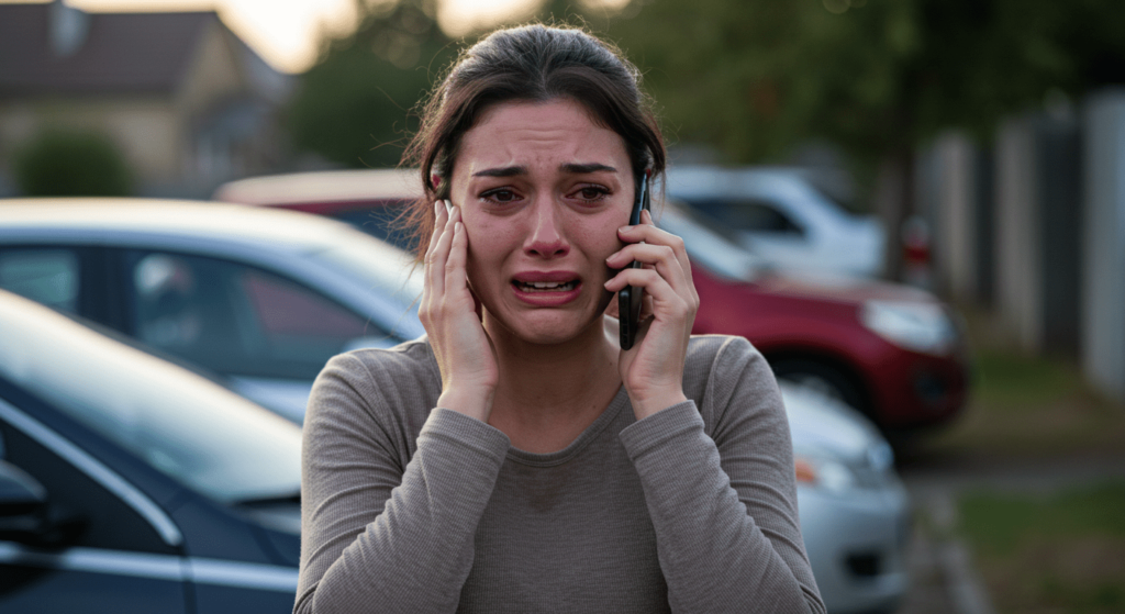 ¿Por qué lloramos? La ciencia y la emoción detrás de las lágrimas 2 "Mujer joven llorando y hablando por teléfono mostrando desesperación. Imagen de crisis y emociones intensas."