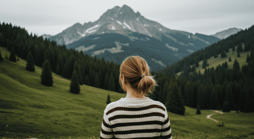 Cerebro de introvertido vs extrovertido: ¿Qué diferencias existen en su estructura y función? 6 "Mujer de espaldas admirando un paisaje de montañas boscosas y picos nevados. Imagen inspiradora de naturaleza, viajes y exploración personal. Ideal para blogs sobre senderismo, aventuras al aire libre y bienestar."