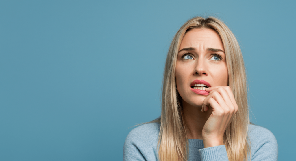 ¿Qué son los tics nerviosos y por qué aparecen? 2 Mujer mordiéndose las uñas: Retrato de mujer mostrando nerviosismo. Ansiedad, hábitos y rostro.