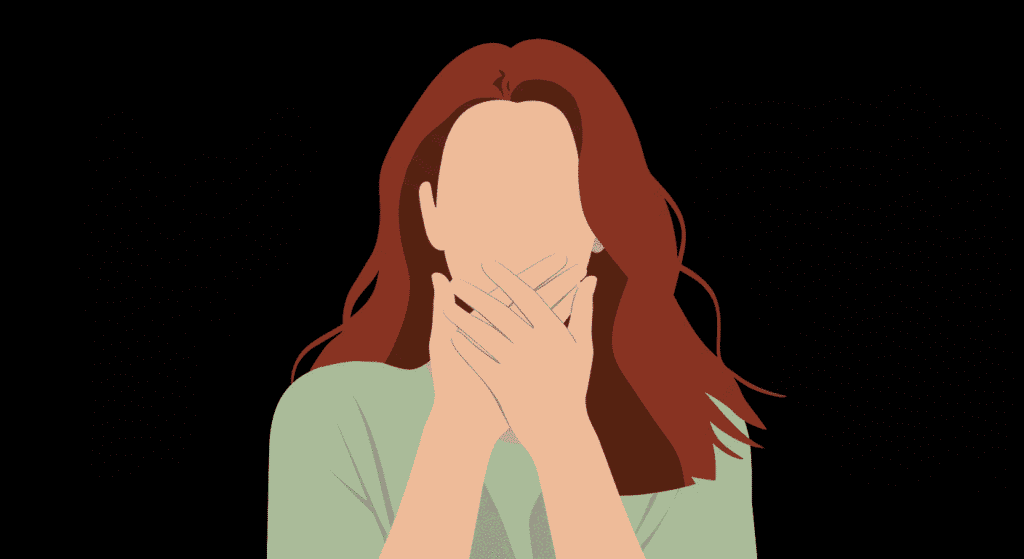 Ilustración de mujer con pelo rojo cubriendo su boca. Sorpresa, silencio.