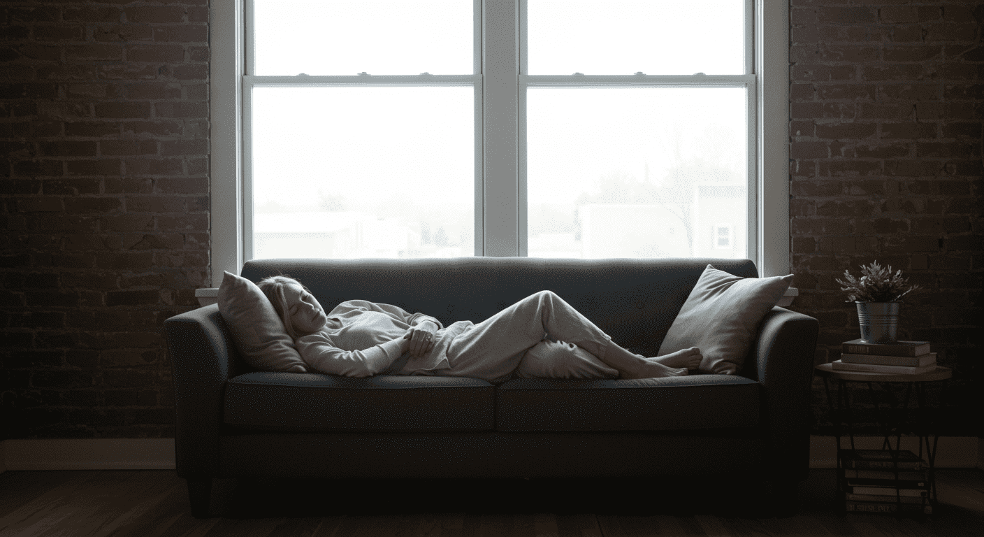 Parálisis del sueño: cuando tu cuerpo duerme pero tu mente despierta 2 Mujer descansando en sofá junto a ventana luminosa. Imagen relajante de persona durmiendo en sala de estar. Ambiente tranquilo y confortable.