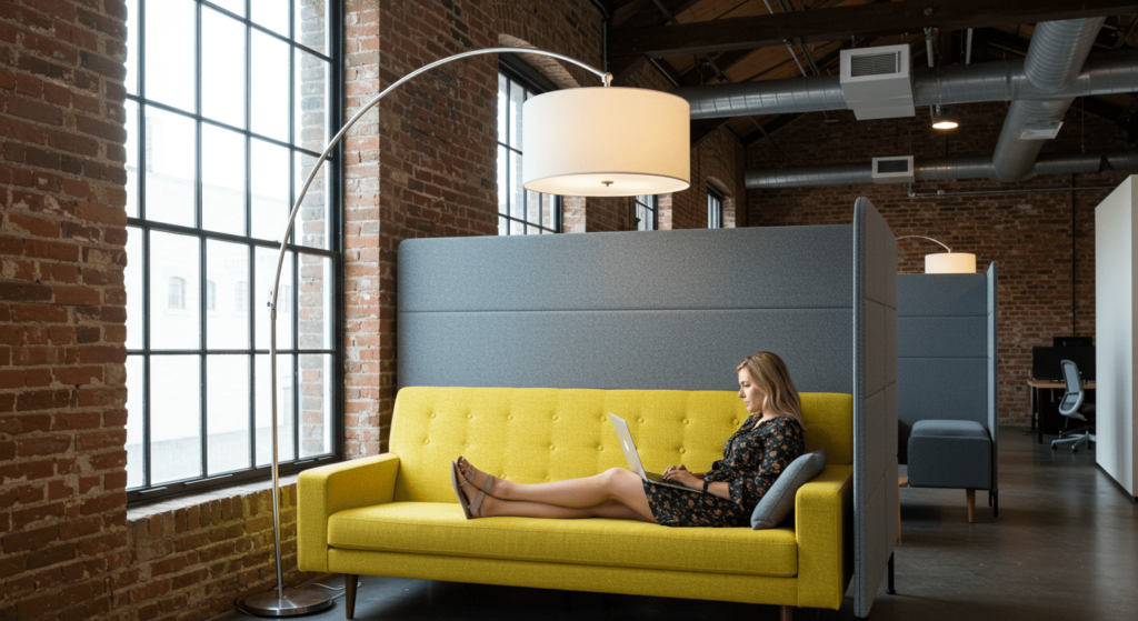 Los errores ortográficos más comunes 2 Mujer joven sentada relajadamente en un sofá amarillo texturizado, usando un portátil en un espacio de oficina moderno tipo loft con grandes ventanas, pared de ladrillo visto y una lámpara de arco.