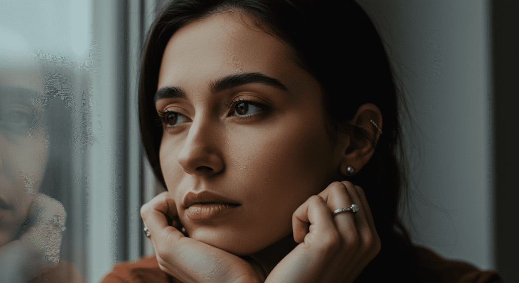 Cerebro de introvertido vs extrovertido: ¿Qué diferencias existen en su estructura y función? 5 "Retrato de una mujer joven mirando a través de una ventana con expresión pensativa. Imagen suave y natural para blogs sobre emociones, reflexión personal y momentos de introspección."