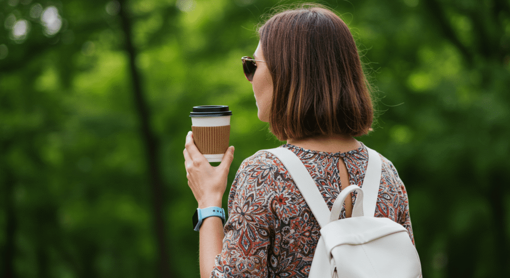 Café para la mente y el cuerpo: razones para seguir disfrutándolo 3 Mujer café naturaleza. Imagen de una mujer con un café frente a la naturaleza. Estilo de vida y aire libre.