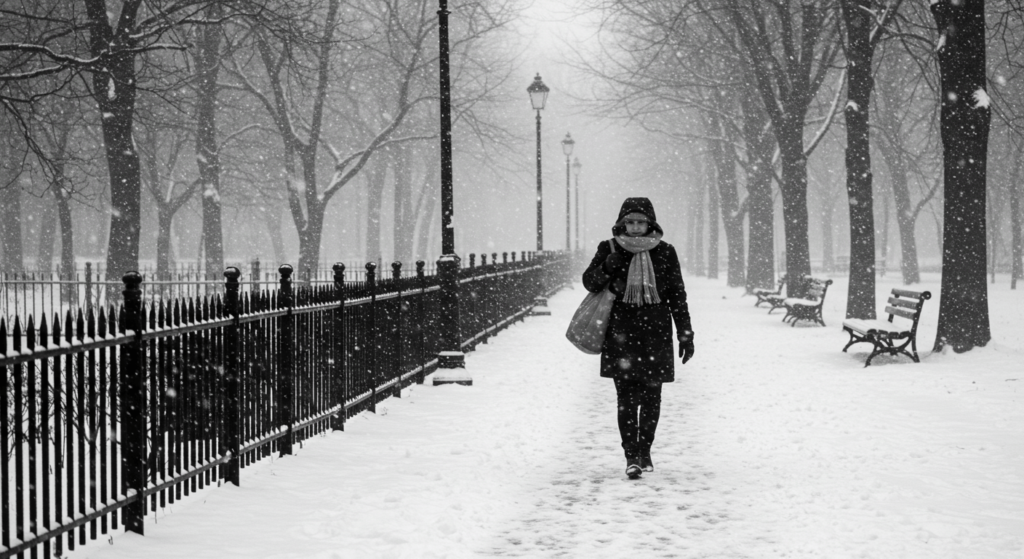 ¿Por qué tenemos ojos de distintos colores? La ciencia detrás de tu mirada 2 Fotografía en blanco y negro de una mujer caminando por un parque nevado durante una tormenta. Imagen de invierno, nevada, clima frío, paisaje urbano.