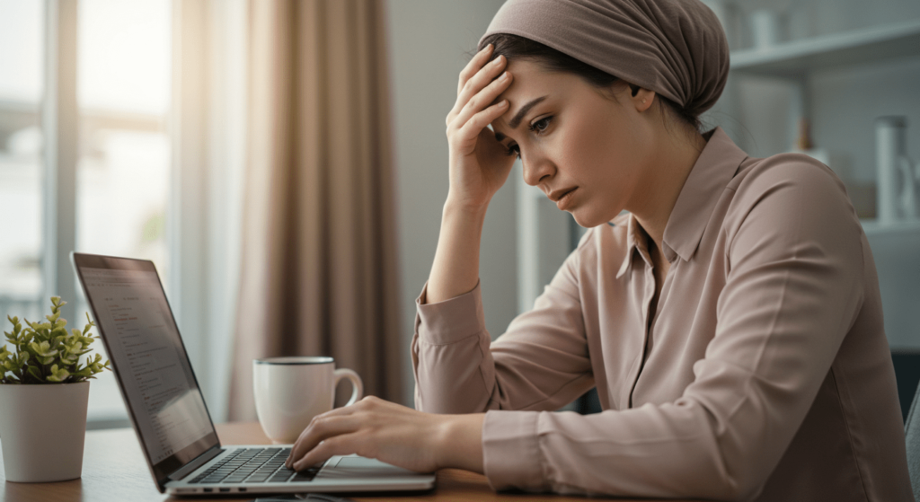 ¿Qué es el estrés y por qué sentimos que todo nos sobrepasa? 5 Mujer rubia y cansada con la mano en la frente, trabajando en una laptop. Estrés laboral, burnout, agotamiento profesional.