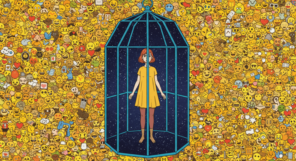 ¿Por qué tenemos alergias? Cuando el cuerpo reacciona sin razón aparente 6 Mujer jaula emojis. Ilustración de persona en jaula con fondo de emojis. Arte digital sobre aislamiento y tecnología.