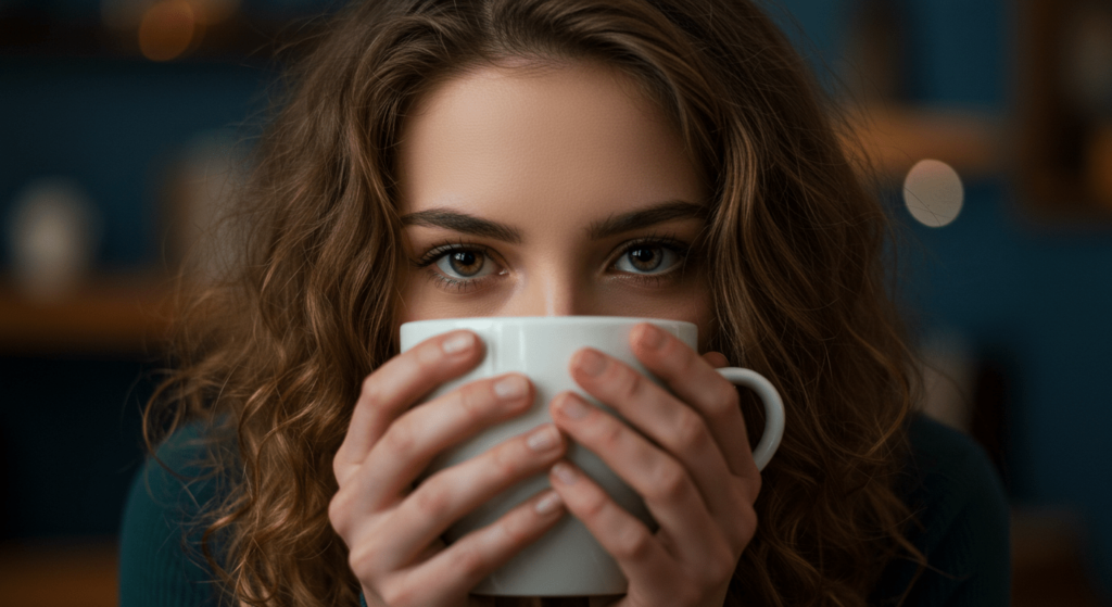 ¿Antipatía instantánea? Por qué algunas personas nos caen mal de inmediato 4 Primer plano de mujer joven de ojos oscuros mirando fijamente a cámara mientras sostiene una taza blanca cerca de su rostro.