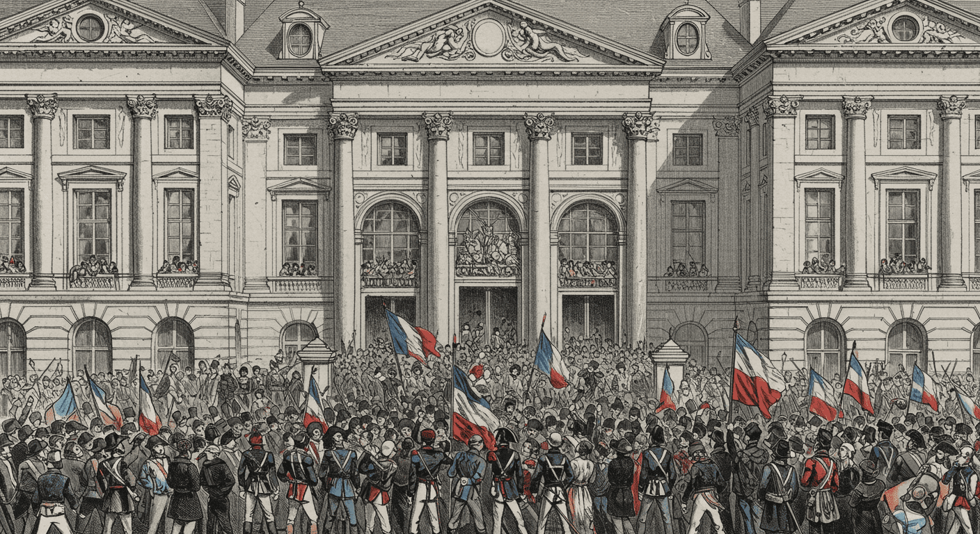 La Revolución Francesa: el levantamiento que cambió el mundo 6 "Pintura de una multitud frente a un edificio gubernamental con banderas y personas celebrando o protestando. Escena histórica con arquitectura clásica. Accesible y optimizada SEO."