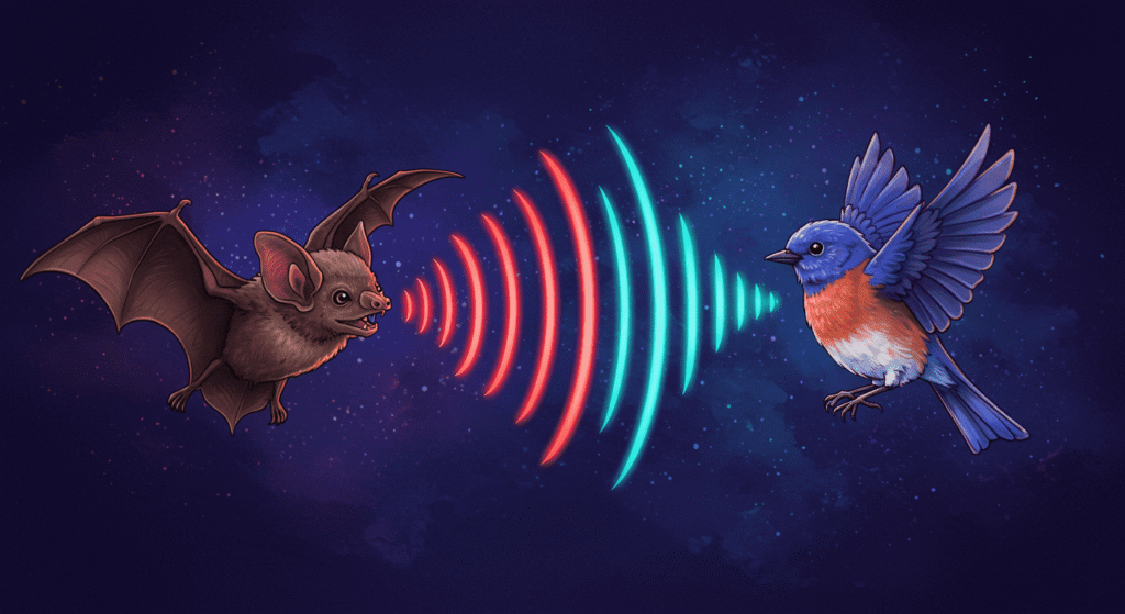 ¿Cómo funciona la ecolocalización? El radar natural de la naturaleza 3 Diagrama de ecolocalización de murciélago. Ilustración que muestra cómo un murciélago utiliza el sonar para detectar una polilla en vuelo. Las ondas de sonido amarillas emitidas por el murciélago rebotan en la polilla (ondas azules). Ideal para contenido educativo sobre biología, murciélagos y comportamiento animal.