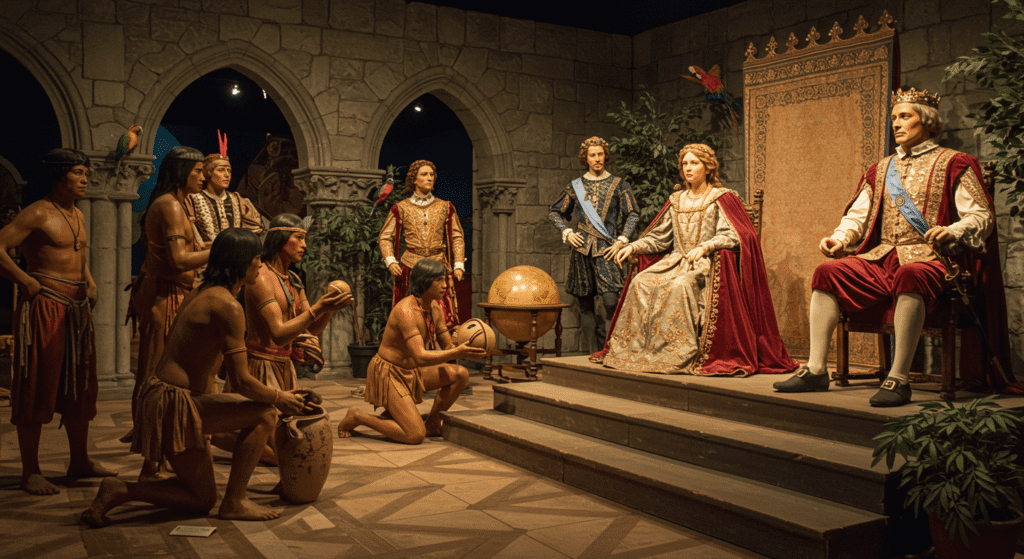 Las consecuencias ocultas de la conquista de América 6 "Escena de museo de cera representando un encuentro histórico entre la realeza europea e indígenas. Diorama con figuras de cera recreando un momento histórico de exploración y encuentro cultural. Ideal para contenido sobre historia, museos y recreaciones históricas."