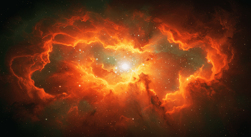 ¿Podemos Viajar a la Velocidad de la Luz? Lo Que Dice la Ciencia 3 Imagen de nebulosa cósmica con tonos rojos, naranjas y verdes brillantes. Representación artística del espacio profundo con estrellas dispersas.