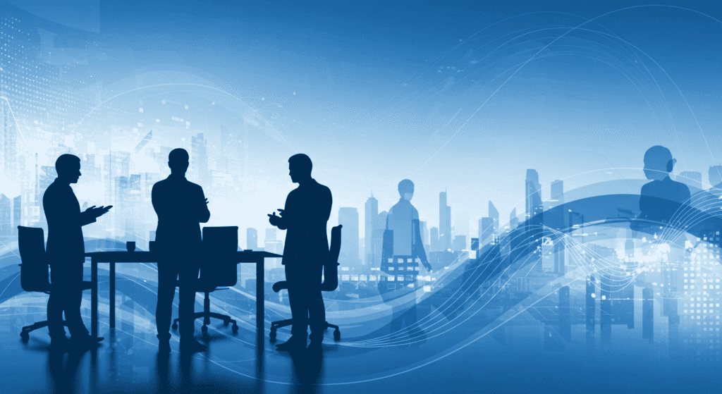 Siluetas de personas de negocios en fondo azul. Reunión, corporativo.