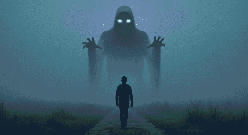 Curiosidades Sorprendentes sobre los Sueños que Probablemente No Sabías 3 "Hombre caminando en niebla con figura fantasmal gigante detrás. Escena de terror y misterio para SEO y accesibilidad."