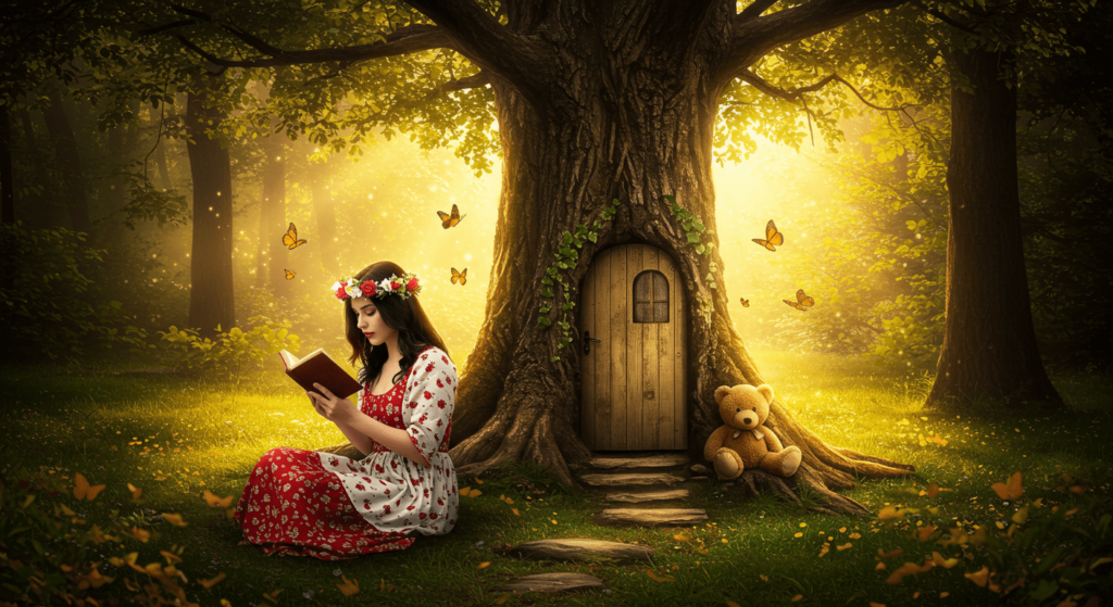 8 beneficios de la lectura que transformarán tu mente y tu vida 4 Niña leyendo cerca de árbol mágico: Retrato de niña en un bosque de fantasía. Infancia, lectura y cuento de hadas.