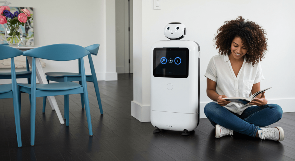 ¿Cómo evolucionará el ser humano? Lo que la ciencia predice para el futuro 6 Imagen de niña leyendo con robot doméstico: Niña acompañada de asistente robótico en salón moderno. Tecnología, infancia y futuro del hogar.