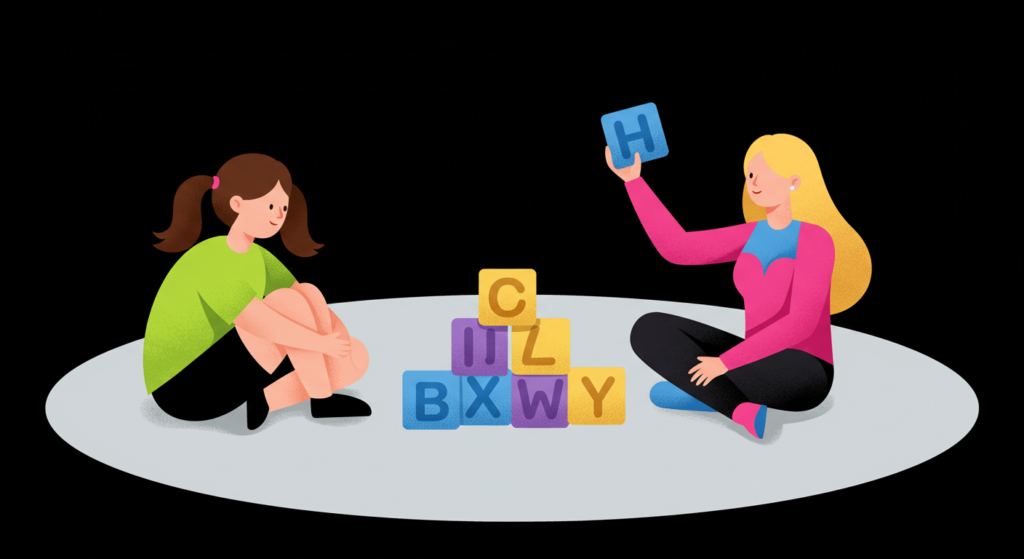 Síndrome de Asperger: Inteligencia, sensibilidad y un mundo diferente 3 Ilustración de mujer y niña jugando con bloques de letras de colores sobre una alfombra gris. Aprendizaje infantil, juegos educativos, alfabeto para niños.