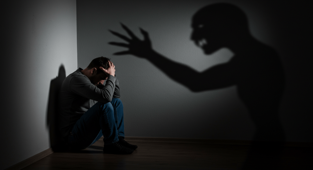 ¿Por qué sentimos miedo? Explicación emocional y biológica 5 Imagen de niño asustado con sombras: Menor acurrucado contra la pared con sombras amenazantes. Abuso, miedo y vulnerabilidad infantil.