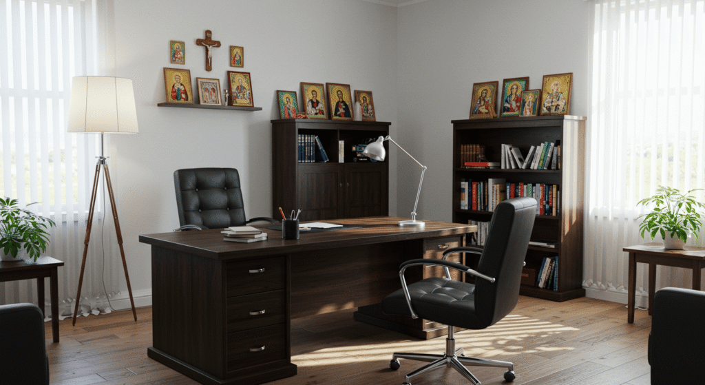 Cómo dormir mejor: trucos respaldados por la ciencia 7 Oficina escritorio madera. Imagen de un escritorio de madera oscura en una oficina iluminada con estantería y sillas de cuero. Interiorismo y ambiente de trabajo.