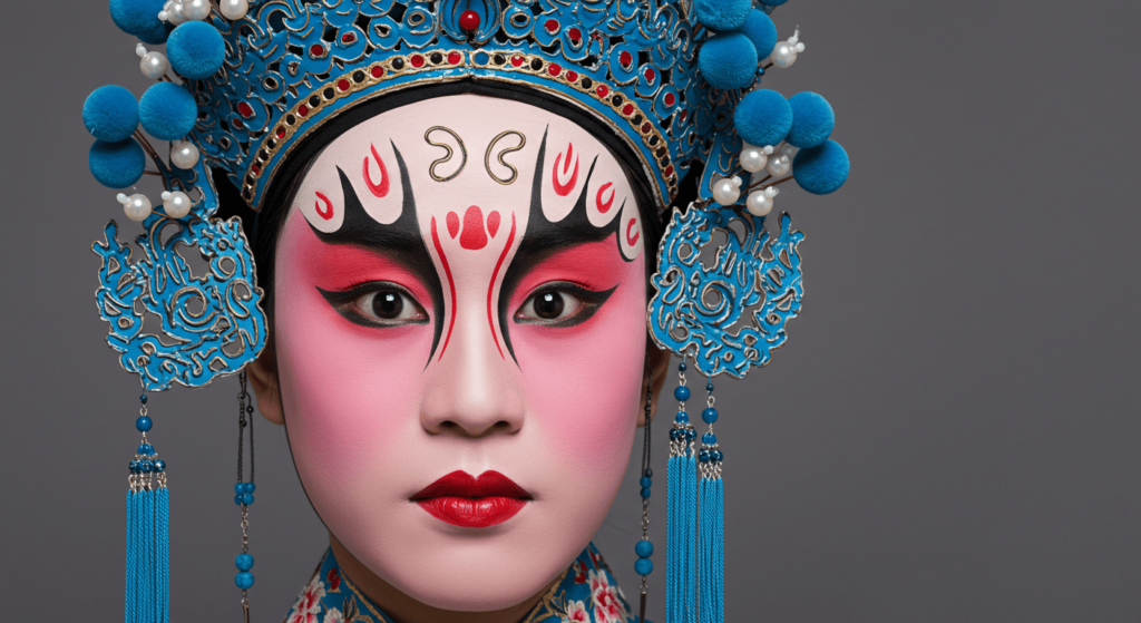 ¿Qué es la modernidad líquida? La teoría de un tiempo sin certezas 6 "Ópera china máscara: imagen de una persona con maquillaje tradicional y una máscara de la Ópera de Pekín. Ideal para contenido sobre cultura china, teatro y artes escénicas. Accesible para personas con discapacidad visual."