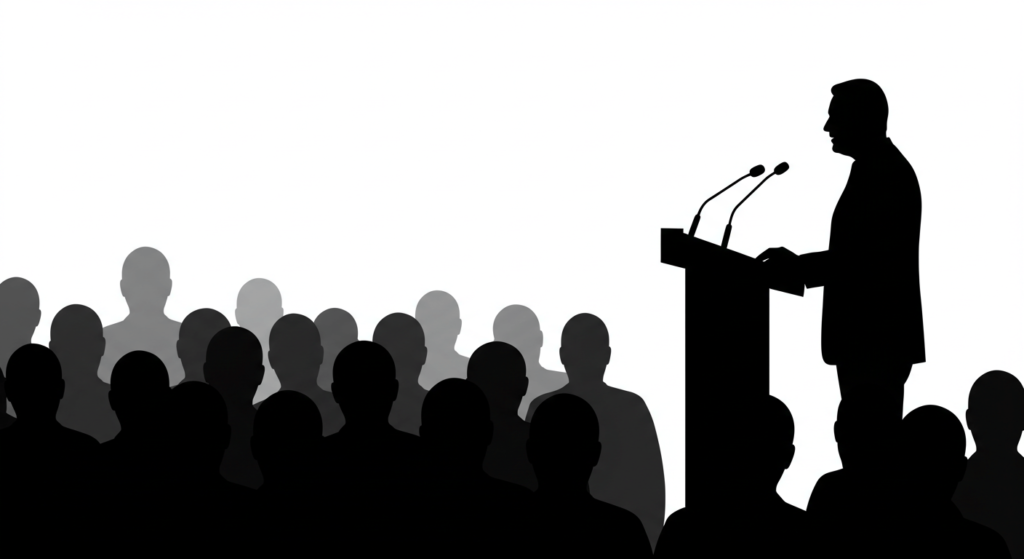 ¿Qué es la política? Entiende su influencia en el mundo actual 1 "Orador y audiencia: ilustración de un orador dando un discurso frente a una multitud silueteada. Ideal para contenido sobre comunicación pública, eventos y discursos. Accesible para personas con discapacidad visual."