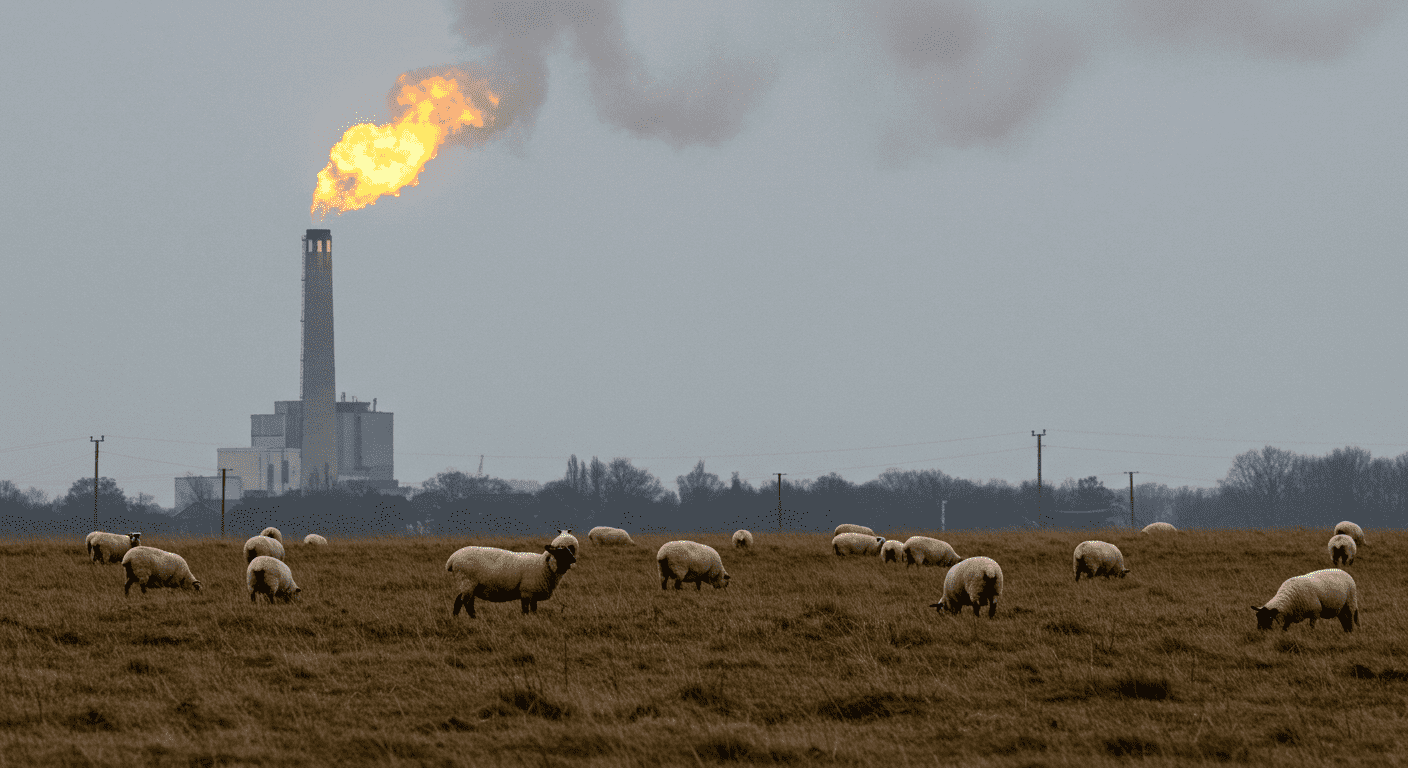 La Hipótesis Siluriana: ¿Hubo una civilización avanzada antes que nosotros? 7 "Imagen contrastante: ovejas pastando frente a chimenea industrial con llama. Naturaleza e industria en un mismo paisaje. Accesible y optimizada SEO."