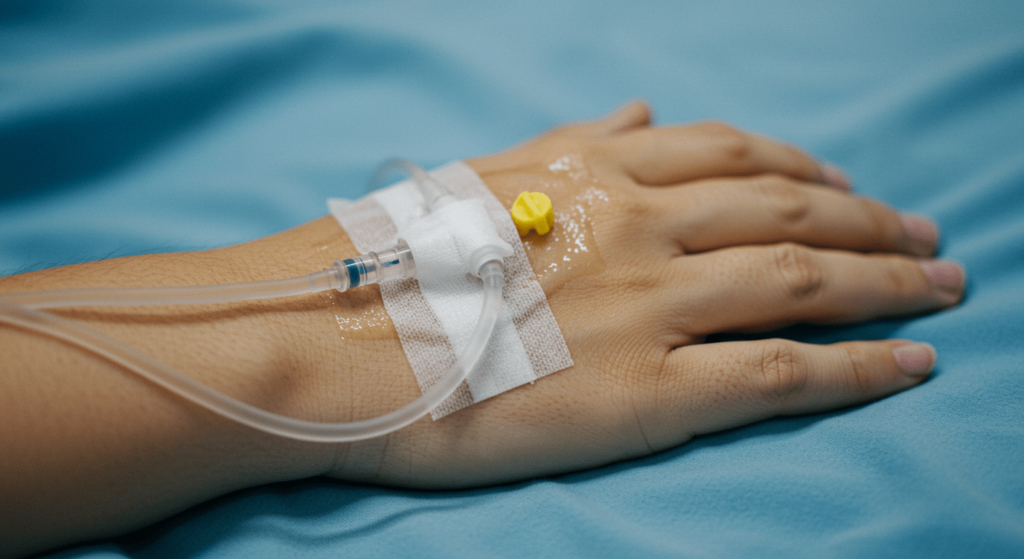 Misterios clínicos: Casos médicos reales que nadie podía explicar 7 Imagen de paciente con vía intravenosa: Mano con suero en cama de hospital. Atención médica, recuperación y salud.