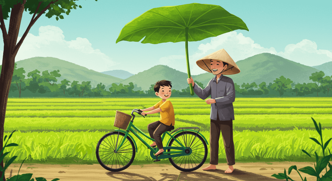 ¿Por qué tenemos apellidos? Historia, significado y evolución 6 Padre e hijo en bicicleta con hoja a modo de paraguas. Escena rural con campesino asiático y niño en campo verde. Amor familiar y vida sencilla.