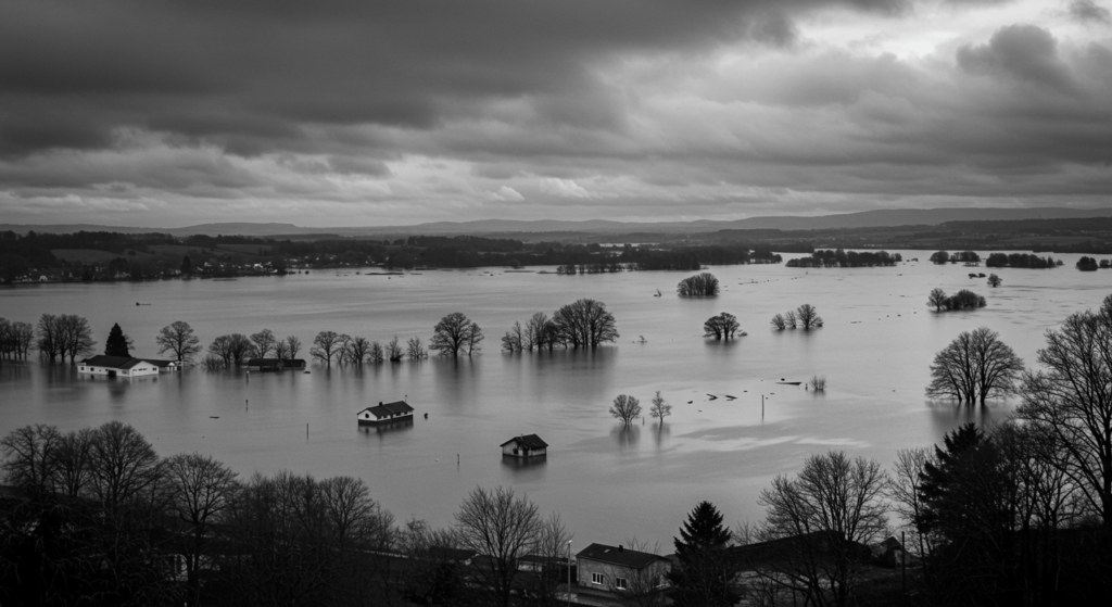 El Diluvio Universal: Entre la leyenda y la historia 3 Paisaje rural inundado en blanco y negro visto desde lo alto. Casas y árboles parcialmente sumergidos en agua tranquila bajo un cielo nublado y oscuro.