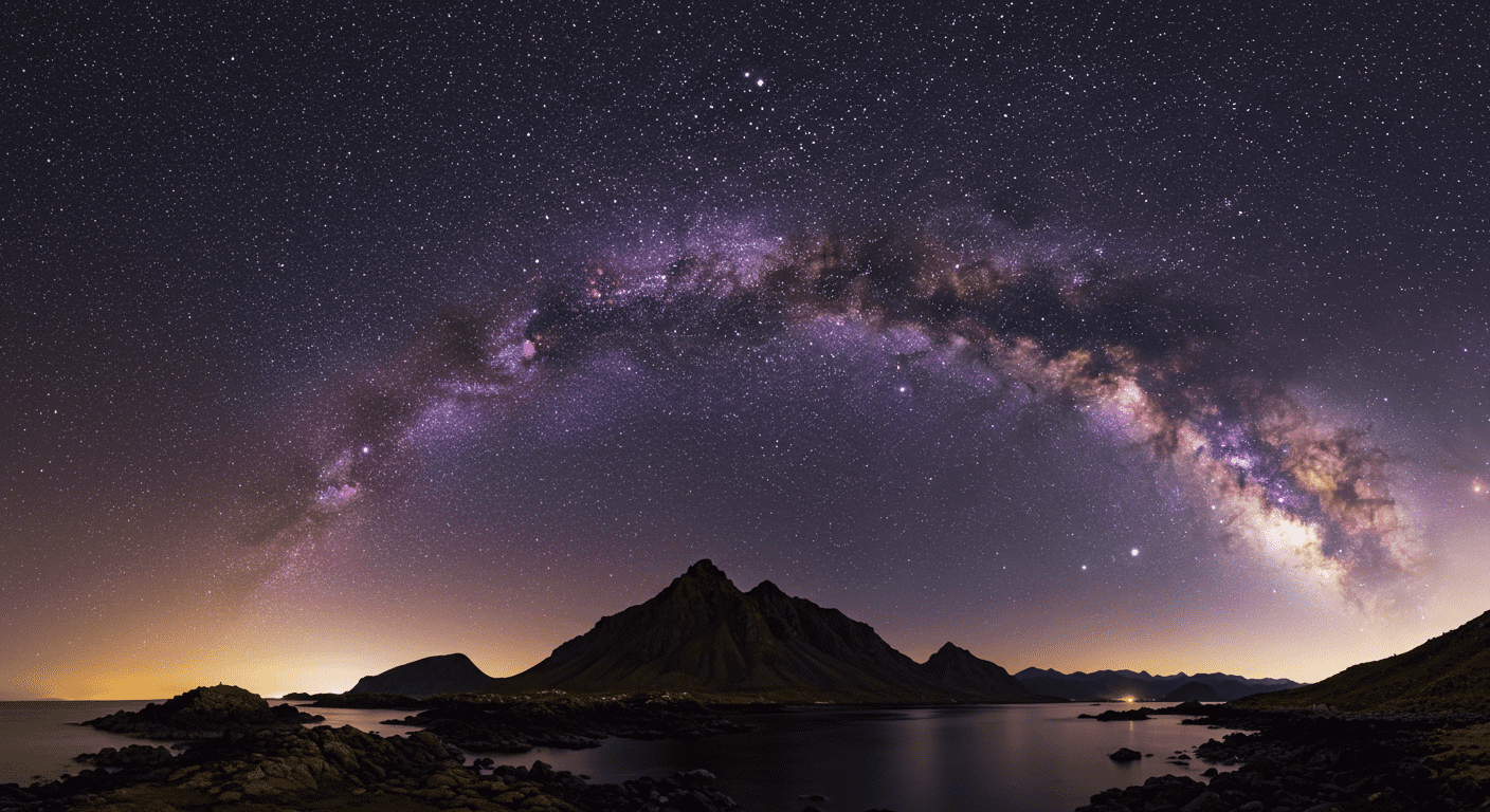 La Hipótesis Siluriana: ¿Hubo una civilización avanzada antes que nosotros? 5 "Imagen panorámica nocturna: Vía Láctea sobre montañas y lago. Paisaje estelar de gran belleza. Accesible y optimizada SEO."