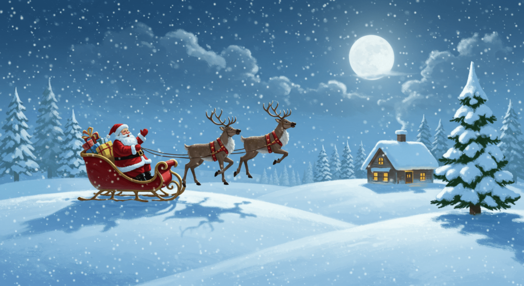 Santa Claus: El origen del hombre de rojo y su evolución a través de los siglos 5 Papá Noel con trineo y renos en noche nevada: Santa Claus repartiendo regalos con paisaje invernal. Navidad, ilusión y magia.