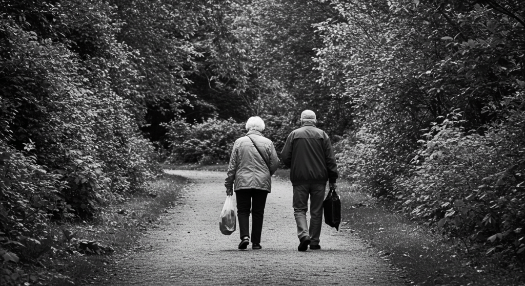 ¿Cómo evolucionará el ser humano? Lo que la ciencia predice para el futuro 7 Imagen de pareja anciana caminando por parque: Personas mayores apoyándose mutuamente. Amor, compañía y tercera edad.