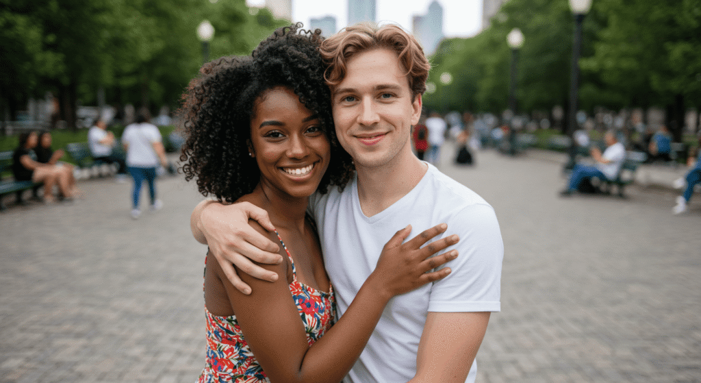 ¿Por qué los humanos tenemos diferentes tonos de piel? La ciencia lo explica 7 Pareja interracial parque. Imagen de una pareja sonriendo y abrazándose en un parque. Diversidad cultural y relaciones.
