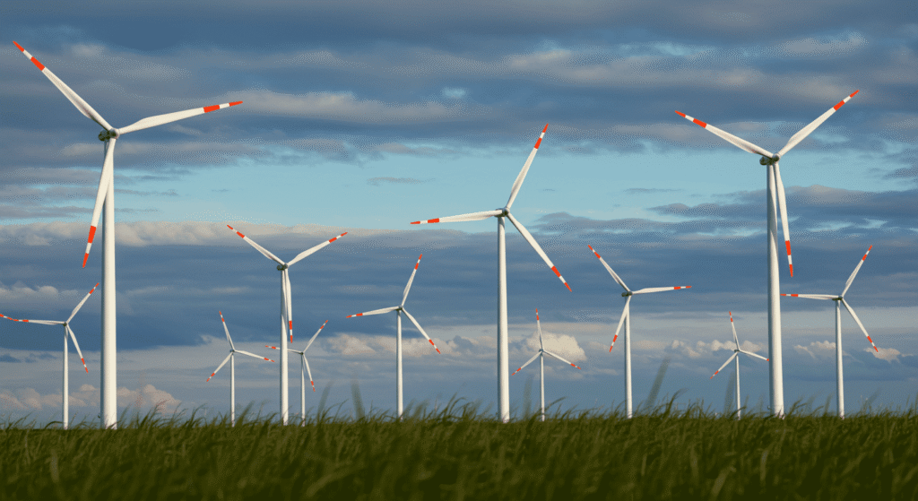 ¿Cómo se genera la electricidad que usamos a diario? Explicado fácil y claro 5 Parque eólico con cielo azul. Energía renovable con molinos de viento. Campo de aerogeneradores.