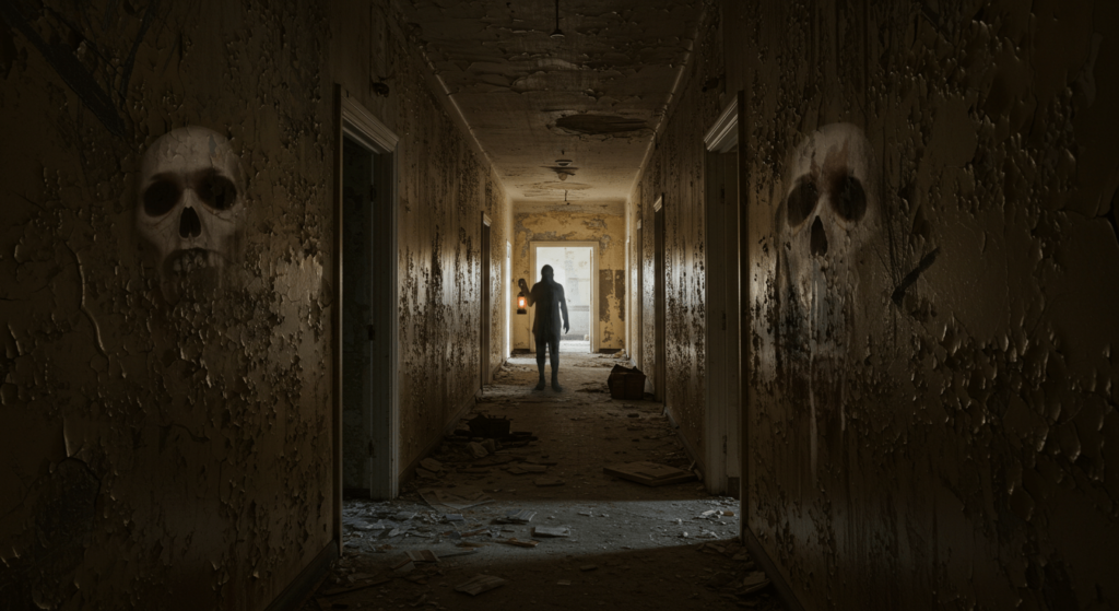 4 experiencias paranormales que te pondrán los pelos de punta 4 "Pasillo fantasmagórico: imagen de un corredor abandonado con la aparición de un fantasma, creando una atmósfera de terror y misterio. Ideal para contenido sobre casas encantadas, sucesos paranormales y leyendas urbanas. Accesible para personas con discapacidad visual."