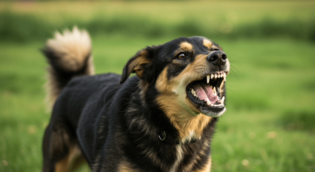¿Por qué sentimos miedo? Explicación emocional y biológica 2 Imagen de perro agresivo ladrando: Can de raza mixta mostrando los dientes. Peligro, animales y seguridad.