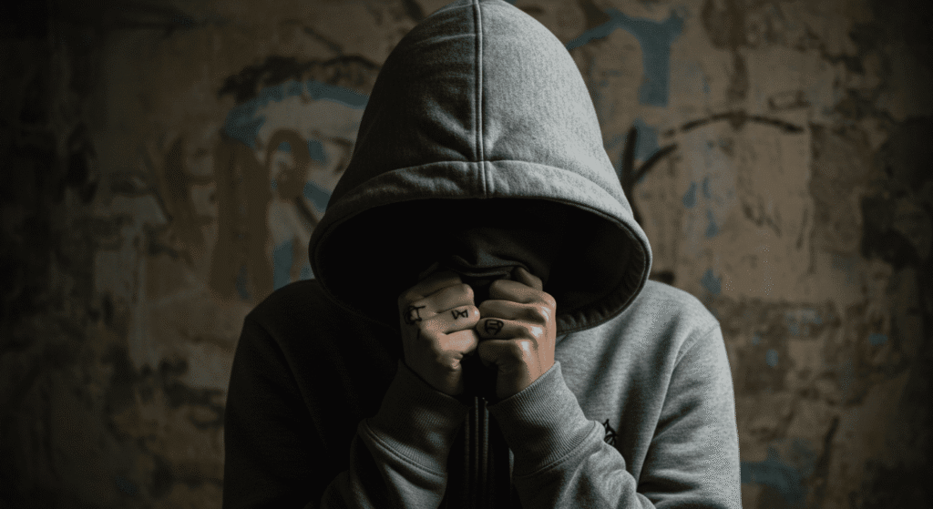 ¿Por Qué Nos Volvemos Adictos? El Poder de las Drogas en el Cerebro 4 Persona con sudadera y capucha, inclinada y sosteniendo una jeringa, representa adicción y desesperación. Fondo con grafitis borrosos. Imagen sobre salud mental, drogadicción y problemas sociales.
