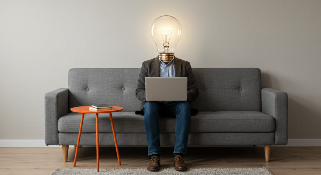 ¿Por qué algunas personas parecen más inteligentes que otras? La ciencia responde 4 "Persona bombilla ideas: imagen conceptual de alguien trabajando con un portátil, cuya cabeza ha sido reemplazada por una bombilla iluminada. Ideal para contenido sobre creatividad, innovación y trabajo independiente. Accesible para personas con discapacidad visual."
