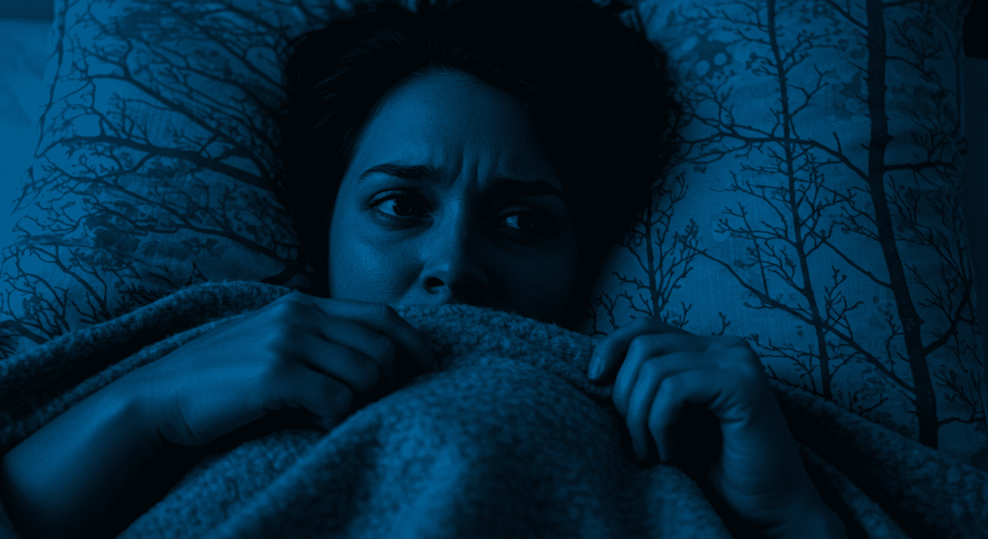 Parálisis del sueño: cuando tu cuerpo duerme pero tu mente despierta 3 Imagen de persona en cama con expresión de preocupación. Mujer durmiendo con rostro tenso bajo manta azul. Noche de insomnio o pesadilla.