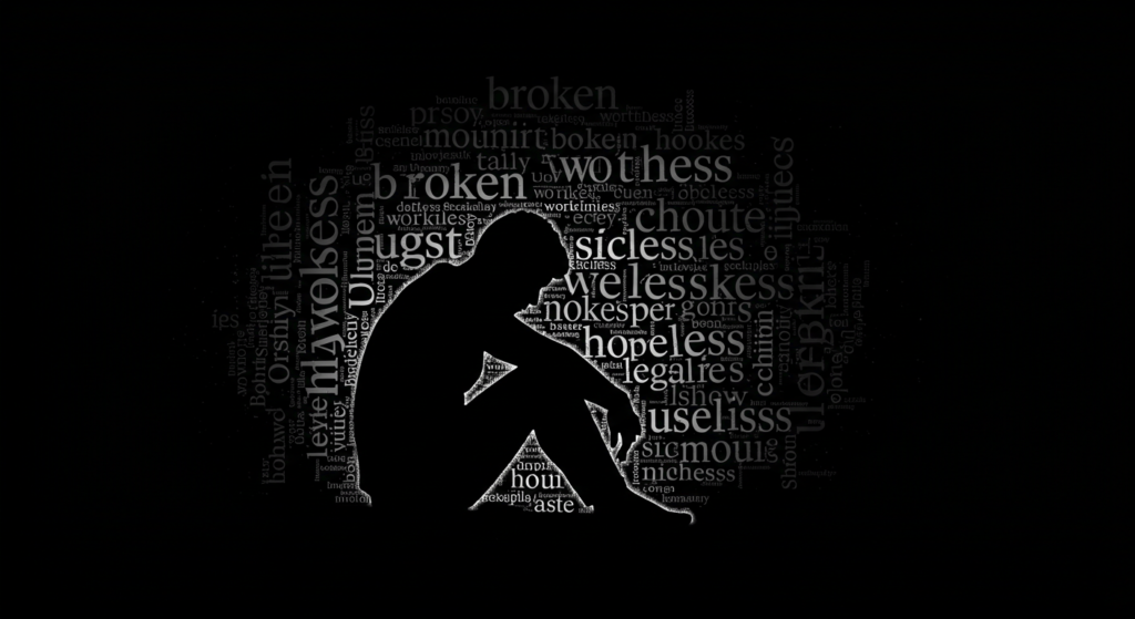 La inteligencia emocional: El poder invisible que muchos subestiman 5 Imagen de persona sintiéndose deprimida y sin valor: Silueta rodeada de palabras negativas. Depresión, autoestima baja y desesperanza.