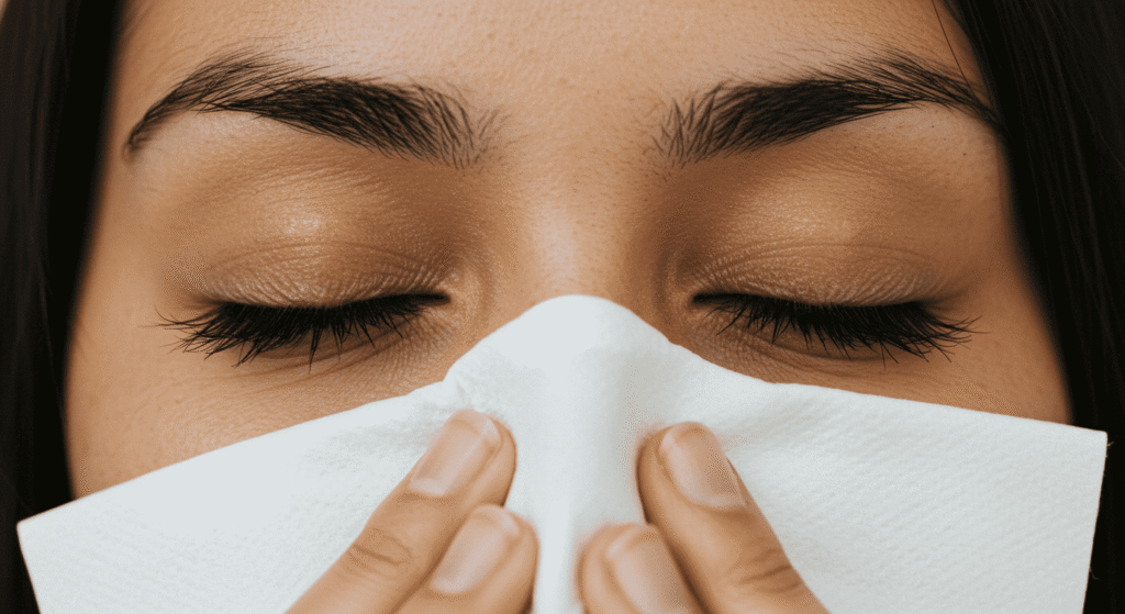 Coronavirus: El Origen en Wuhan y Cómo Comenzó Todo 4 Persona sonándose la nariz con un pañuelo. Imagen de alguien con síntomas de resfriado o alergia, utilizando un pañuelo de papel
