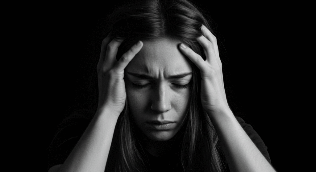 Cómo dormir mejor: trucos respaldados por la ciencia 2 Persona con dolor de cabeza. Imagen en blanco y negro de alguien sujetando su cabeza con las manos. Estrés y salud mental.