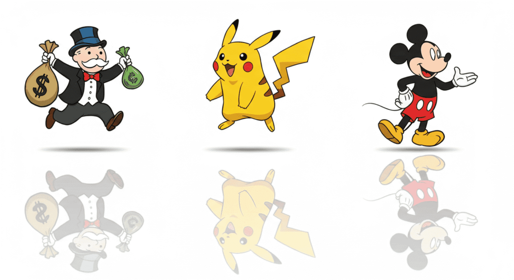 Efecto Mandela: ¿Por qué recordamos cosas que nunca pasaron? 4 "Iconos de personajes animados famosos: Monopoly, Pikachu, Bugs Bunny y Mickey Mouse. Imagen con símbolos de cultura popular. Accesibilidad web y SEO."