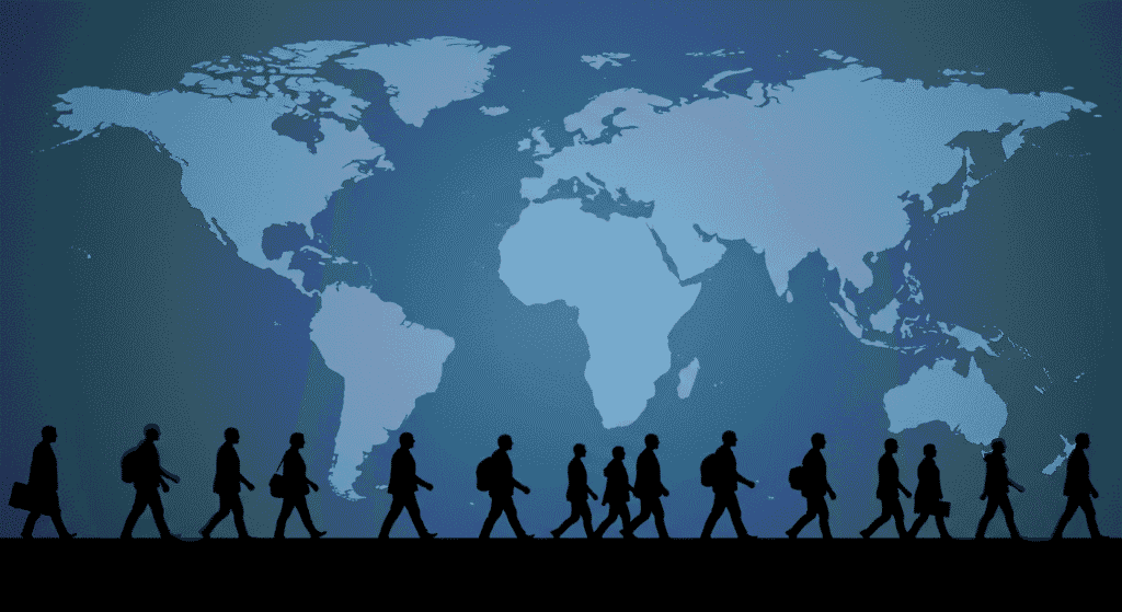 Día Internacional de las Naciones Unidas: Historia y Significado 2 Siluetas de personas caminando con mapa mundial de fondo. Migración, globalización.