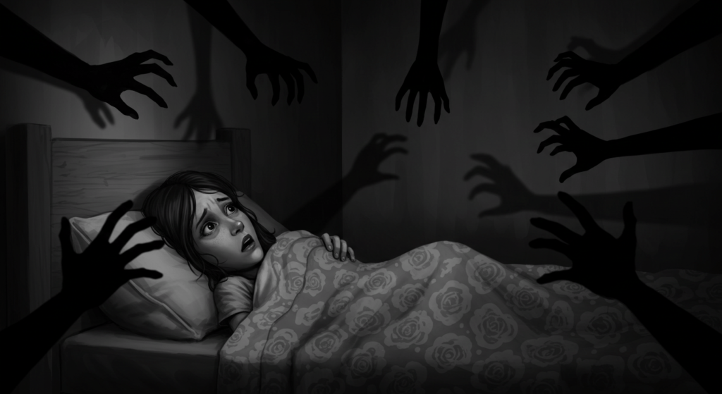 ¿Por qué sentimos miedo? Explicación emocional y biológica 6 Imagen de pesadilla infantil en blanco y negro: Niña asustada en cama con sombras amenazantes. Miedo, terror nocturno y vulnerabilidad.